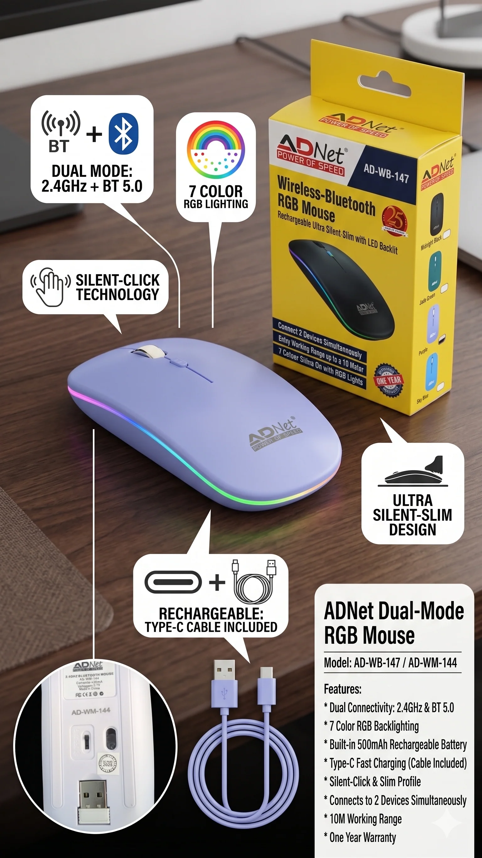 ADNET AD-WB-147 Wireless Bluetooth Mouse | 1200 DPI | Rechargeable | RGB Light | Dual Mode (Bluetooth + USB) | Laptop & PC Compatible